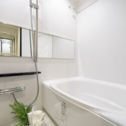 大きな窓付きのビューバス、高級感が漂う大理石調パネルのバスルームです。ワイドミラーで実際より広く感じられる、くつろぎの空間になっています風呂